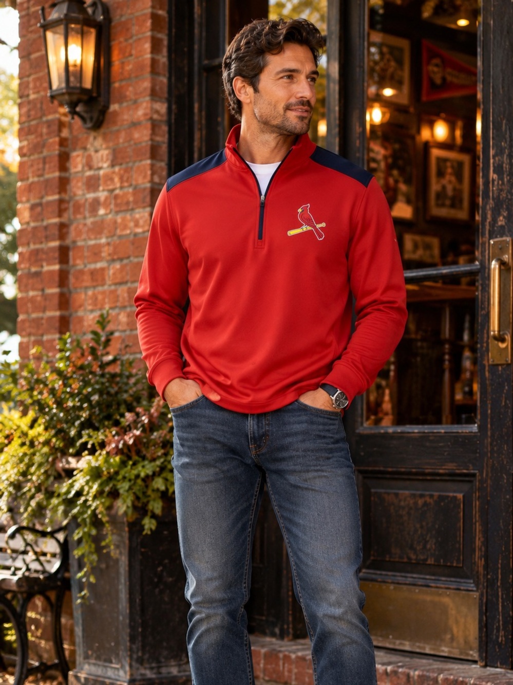 MLB St Louis Cardinals Red Medium Quarter Zip Pullover Navy Baseball